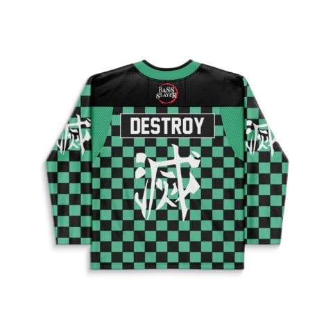 Green-and-black checkerboard back view featuring DESTROY text, white Japanese-style graphic, and BASS SLAYER logo