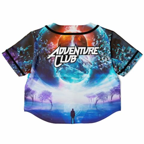 Front view of the rave cropped baseball jersey with a vibrant cosmic and silhouette design