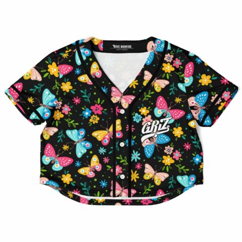 Front view of the rave cropped baseball jersey with a colorful butterfly and floral pattern