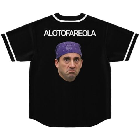 Black jersey back view with white trim, “ALOTOFAREOLA,” and stern portrait in purple patterned cap