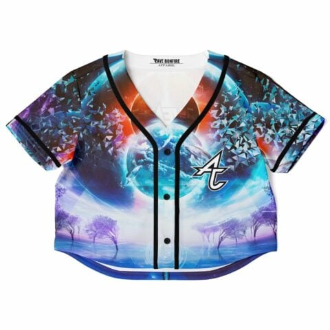 Back view of the rave cropped baseball jersey with an abstract galaxy pattern