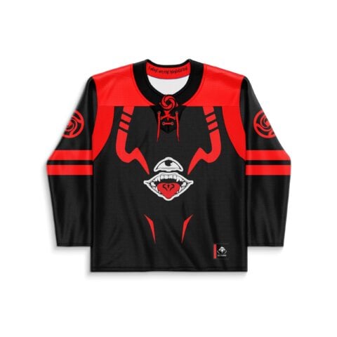 Black and red demonic face graphic with lace-up collar, front view for festival wear
