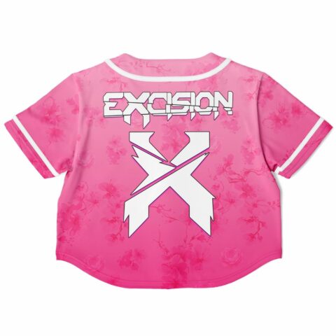Back view of the pink rave cropped baseball jersey with large graphic text