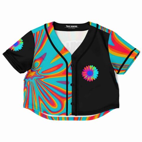Colorful psychedelic rave cropped baseball jersey with a floral pattern
