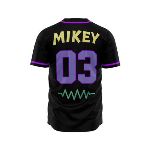 Black rave jersey back view showing MIKEY, purple 03, and green waveform graphic