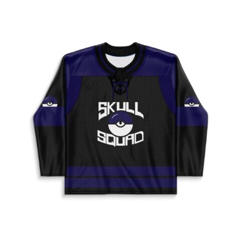 Cartoon skull squad front with eye emblem, purple stripes, and black mesh, displayed flat