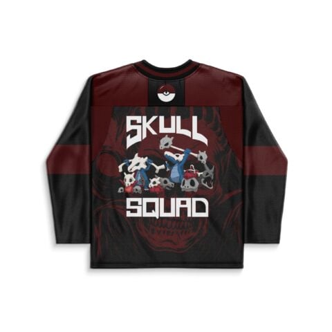 Back view of black-and-burgundy skull illustration with small skeleton creatures and readable “SKULL SQUAD” text