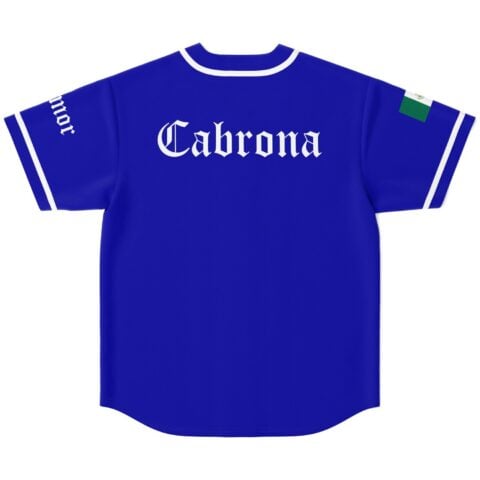 Deorro fan royal blue rave baseball jersey with white gothic lettering and striped sleeves, back view