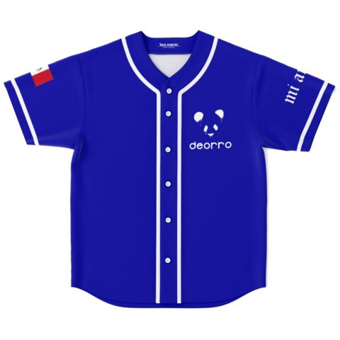 Deorro fan royal blue rave baseball jersey with white dripping panda face graphic, buttons and striped trim, front view