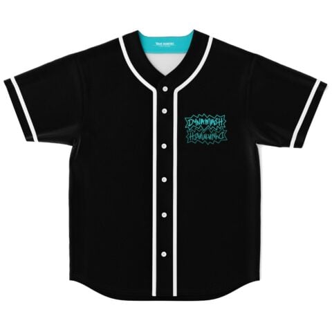 Graffiti-style black jersey front with turquoise DYNAMASH lettering and white piping against a clean background