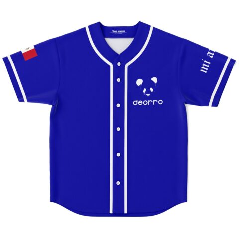 Deorro fan royal blue rave baseball jersey with dripping panda graphic, white trim and buttons, front view on white background