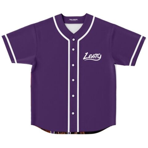 Purple brush-script festival jersey with white piping and front script logo, front view