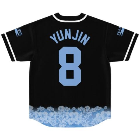 Black lightning baseball jersey back, YUN JIN, number 8, blue floral hem, flat lay