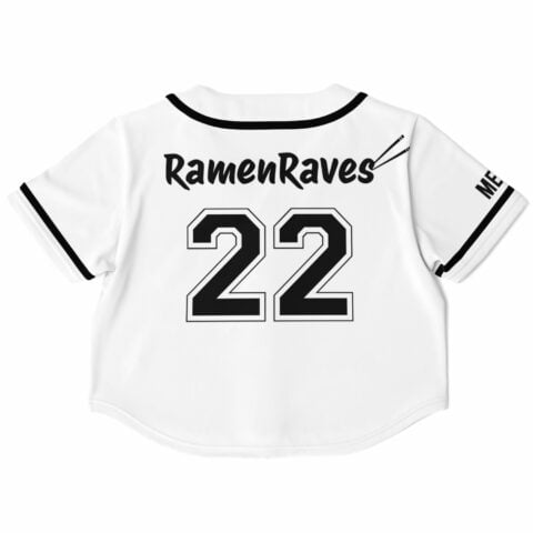 Back view of the ramen house logo rave cropped baseball jersey with a large number and text