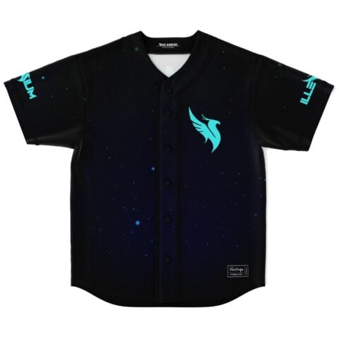 Black galaxy front with teal phoenix emblem, buttons, stars, and SUM and ELITE sleeve text