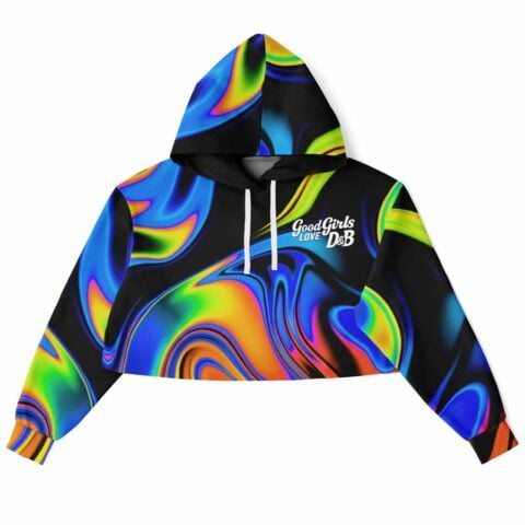 Good Girls Love DnB rave cropped hoodie with vibrant swirling colors and text design