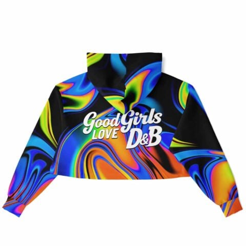 Good Girls Love DnB rave cropped hoodie with colorful swirl patterns and text, back view