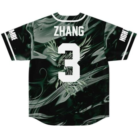 Dark green abstract swirl back view with dragon graphic, ZHANG, and oversized white number 3