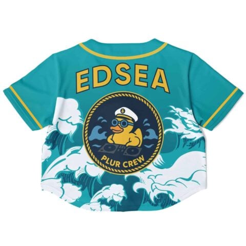Teal custom rave cropped baseball jersey with a duck on waves design