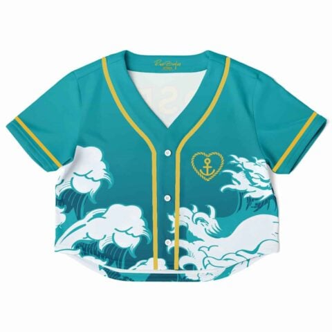 Front view of the teal rave cropped baseball jersey with wave and nautical graphics