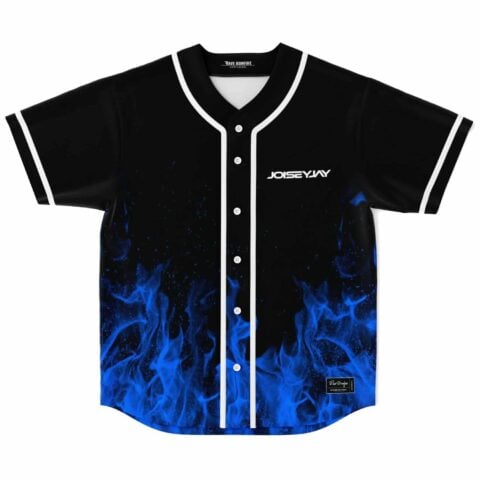 Black baseball jersey with blue flame design front view