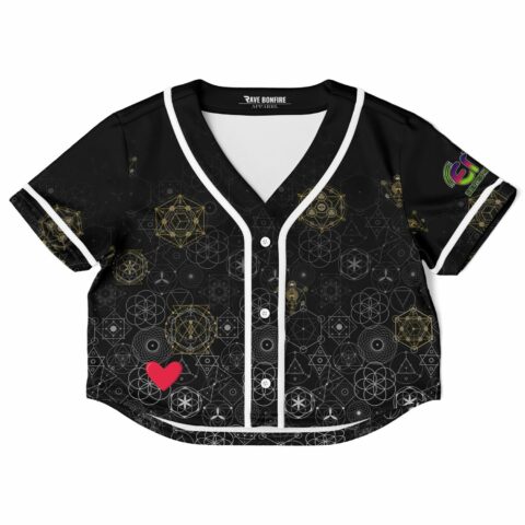 A rave cropped baseball jersey with geometric patterns and a heart detail