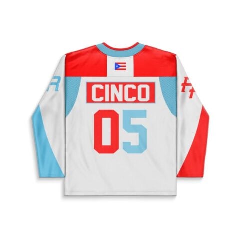 Red-and-aqua CINCO 05 design with Puerto Rico flag and bold panels, back view