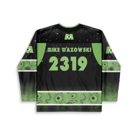 Back of the Mike Wazowski rave hockey jersey with MIKE WAZOWSKI and 2319 in green on starry black, eyeball bands on sleeves