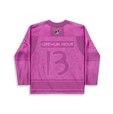 Magenta tonal creature pattern jersey, back view featuring readable “GREMLIN HOUR” text and number 13