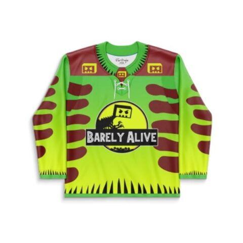 Neon green dinosaur-inspired camouflage rave jersey with “Barely Alive” chest text, front view