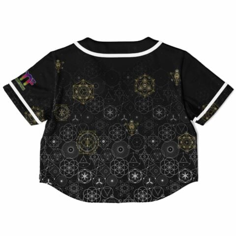 Back of the rave cropped baseball jersey with intricate designs and a colorful logo