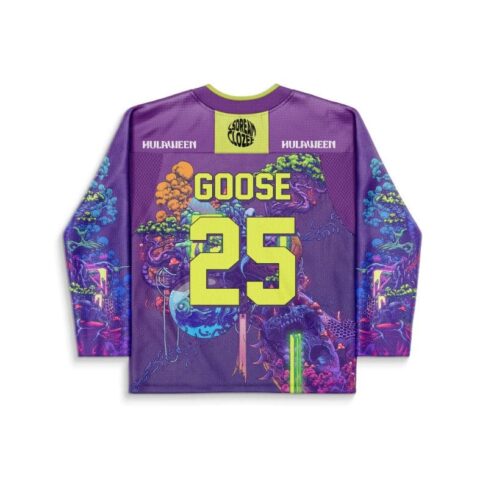 Purple CloZee x LSDREAM fan rave hockey jersey back design with custom name and number lettering and neon forest creatures, white background