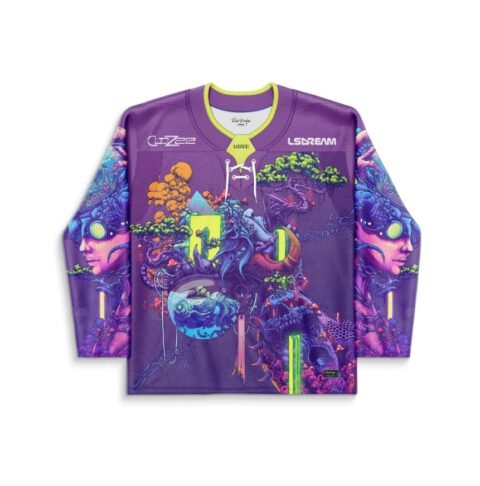 Purple CloZee x LSDREAM fan rave hockey jersey with neon fantasy creatures and forest scenes, front view, white background