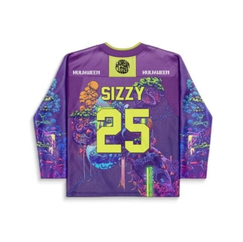 Purple CloZee x LSDREAM fan rave hockey jersey with custom name and number lettering and neon forest creatures, back view