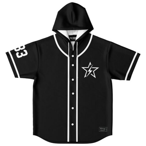 Black rave hooded baseball jersey with white accents and a star emblem on the front