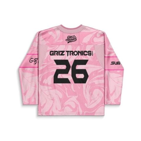 Pink liquid marble rave jersey featuring oversized black number 26, back view