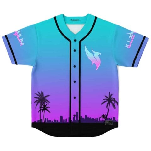 Illenium fan teal-purple gradient phoenix rave baseball jersey with pink-blue emblem, palm trees and black skyline hem, front view