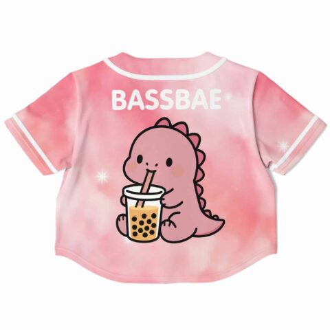 Cute dinosaur and bubble tea graphic on a pink tie-dye rave cropped baseball jersey