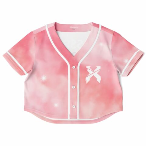 V-neck rave cropped baseball jersey with a soft pink gradient and sparkle accents
