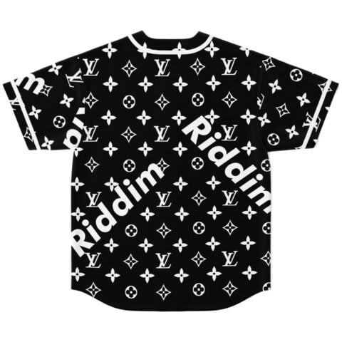 Black repeating monogram-style floral pattern jersey, oversized white Ridim lettering, back view, white background