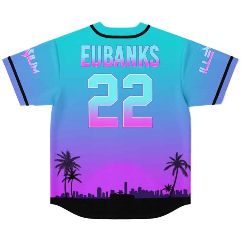 Illenium fan teal-purple gradient phoenix rave baseball jersey with custom name and number, palm trees and city skyline, back view