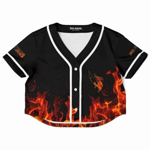 Front view of the black rave cropped baseball jersey with fiery phoenix graphics