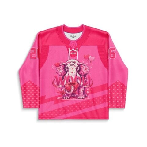 Hot pink ornate elephant graphic with hearts and lace-up front, shown in a front view