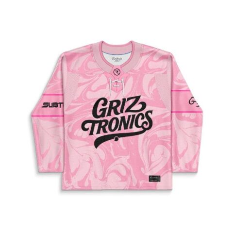 Light pink marbled swirl jersey front view with bold black festival-themed lettering and lace-up collar