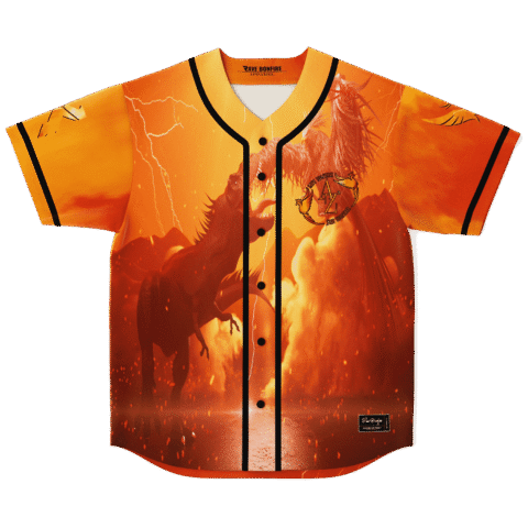 Orange fiery dragon jersey front with rearing dragon, lightning, and black-trimmed button placket, shown flat