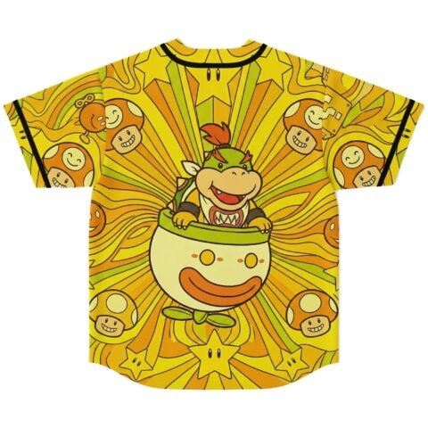 Back view featuring a game-inspired cartoon creature, mushrooms, stars, and orange-yellow radiating swirls