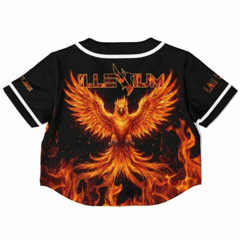 Back view of the black rave cropped baseball jersey with a vibrant phoenix and festival text