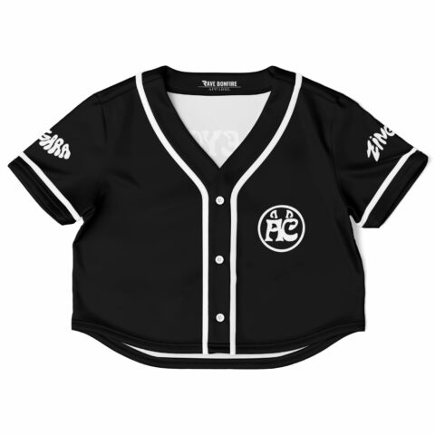 Front of the black rave cropped baseball jersey with white sporty accents