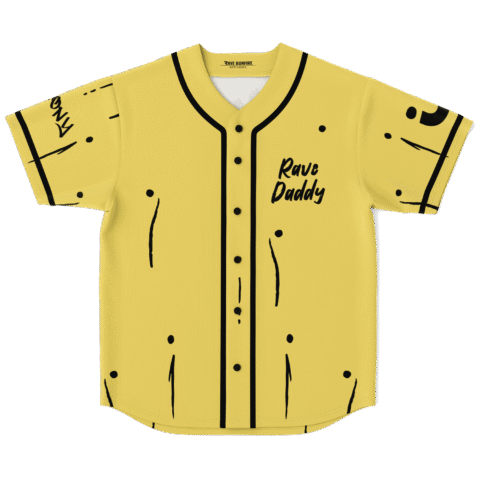 Mustard yellow crude hand-drawn pattern with “Rave Daddy” text, front flat-lay view