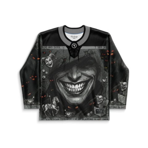 Creepy grinning clown collage, front view with “HIDE AND SEEK,” “I SEE YOU,” and “PLAYTIME